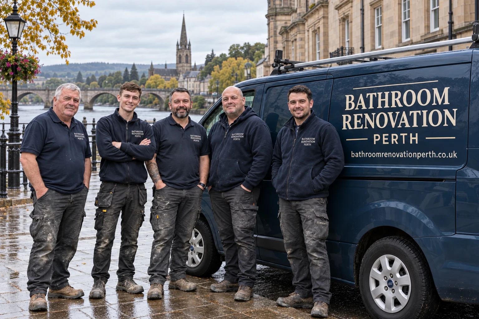 Bathroom trade group beside a bathroomrenovationperth.co.uk branded van